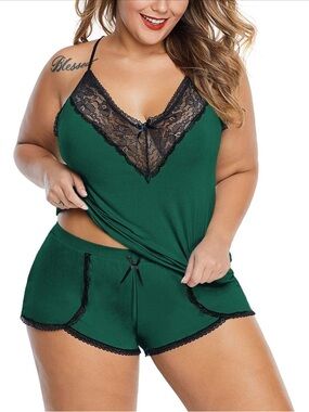 Plus-Size Forest Green Lace Trim Cami & Shorts Pajama Set